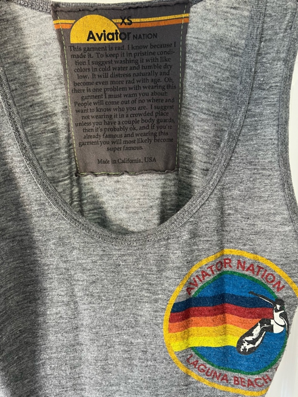 Aviator Nation Gray Laguna Beach Tank with Rainbow Surfer Logo - Picture 3 of 3